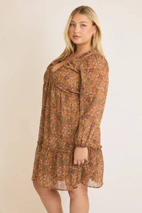 Plus Size Floral Shirring Detail Long Sleeve Mini Dress