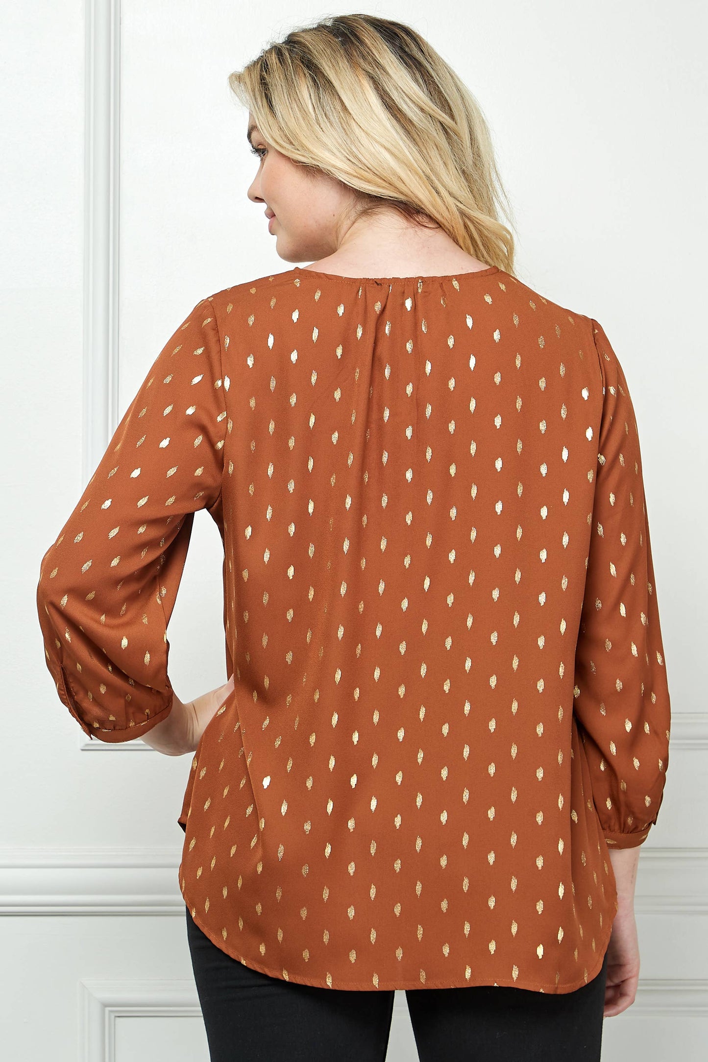Plus Size Gold Dash Foil Blouse – Cuff Sleeve Smock Shoulder V-Neck