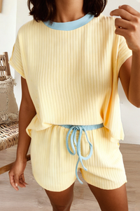 Casual Ribbed Colorblock Trim 2pcs Shorts Set