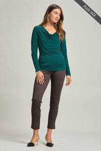 PLUS SIZE Ruched Long-Sleeve Blouse with Drop Neckline – Wrinkle-Free & Stretchy