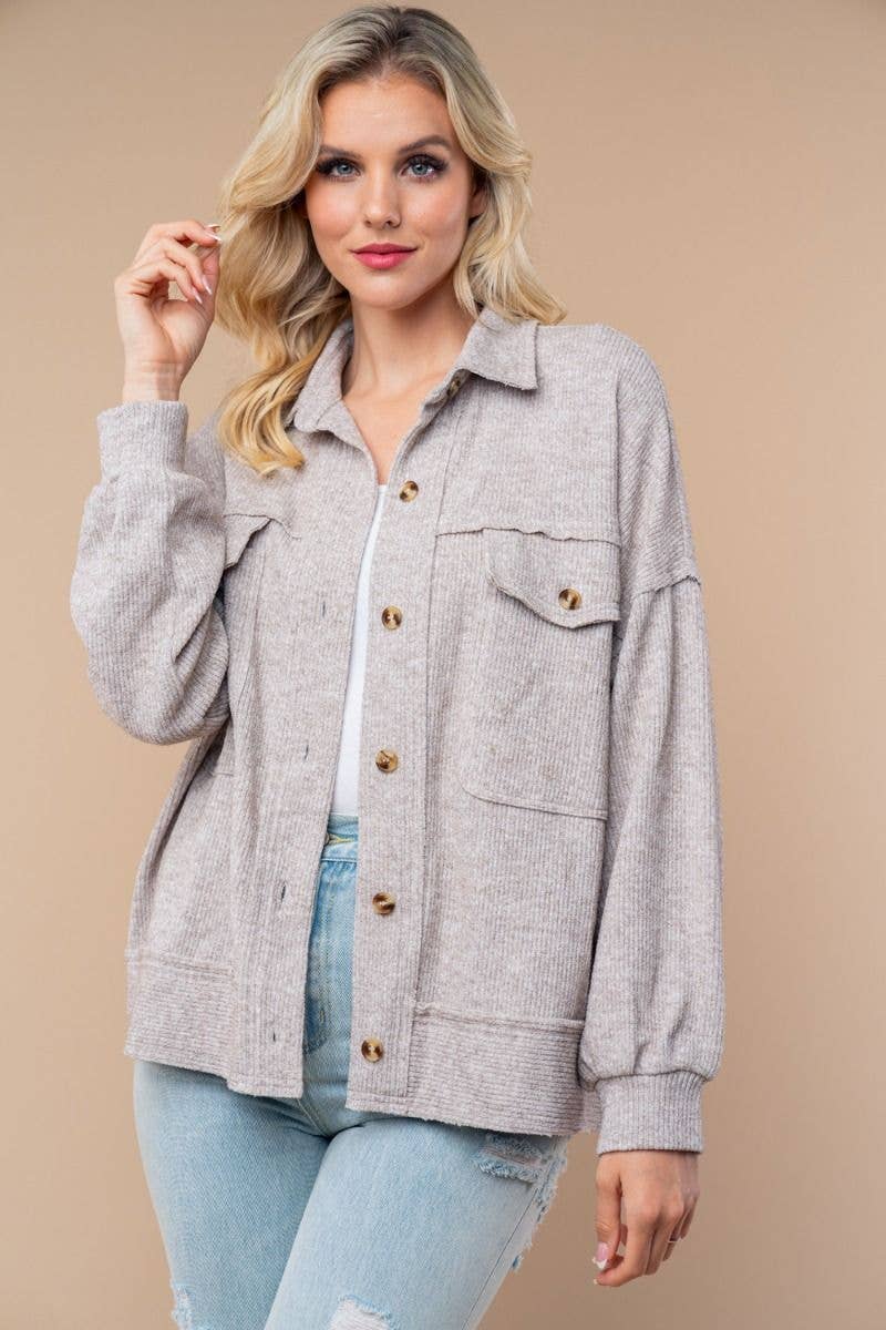 Lightweight Ribbed Knit Button-Down Jacket with Patch Pockets
