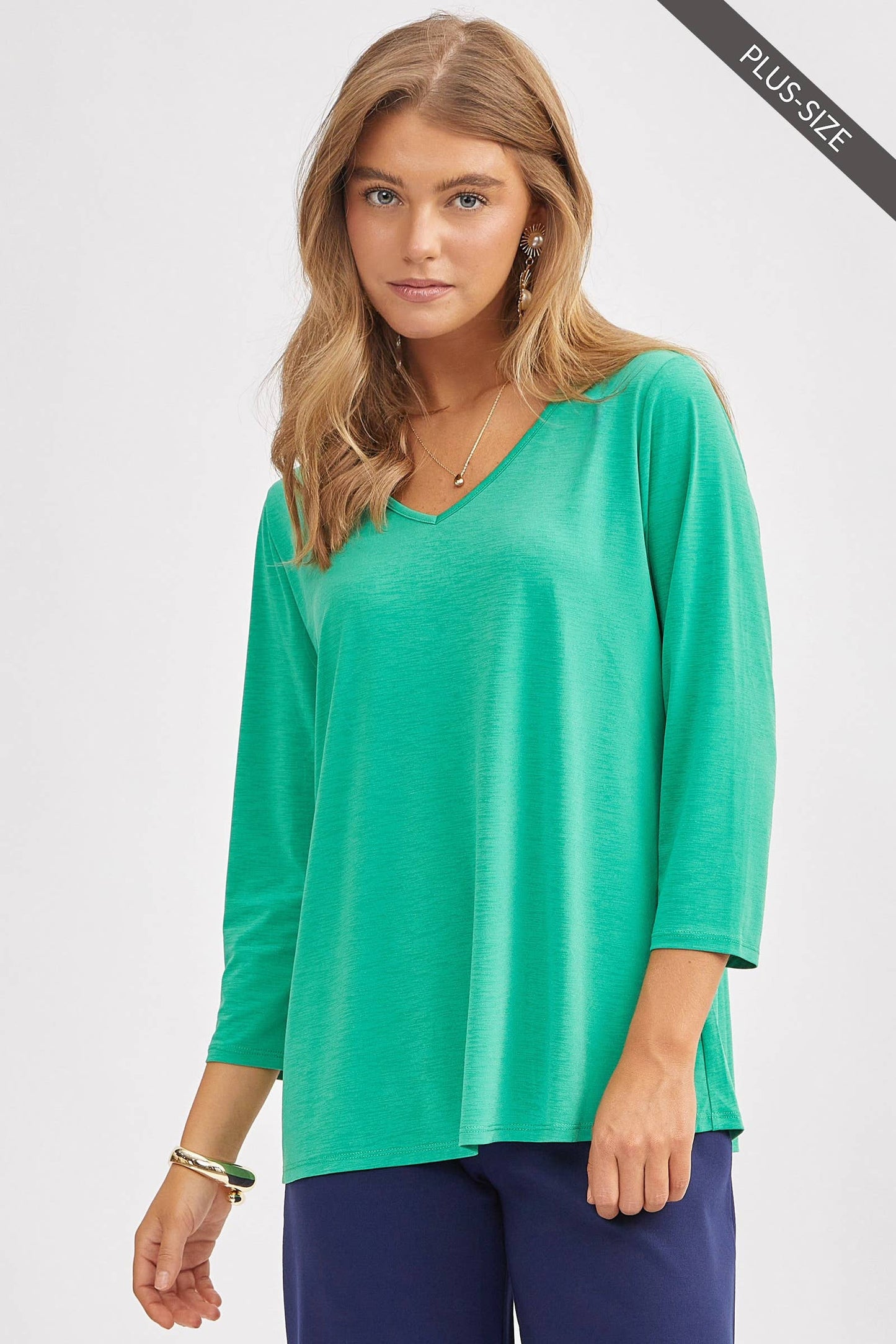 Plus Size Signature Classic V-Neck Top – Wrinkle-Free 3/4 Sleeve Stretch Blouse