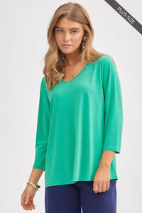 Plus Size Signature Classic V-Neck Top – Wrinkle-Free 3/4 Sleeve Stretch Blouse