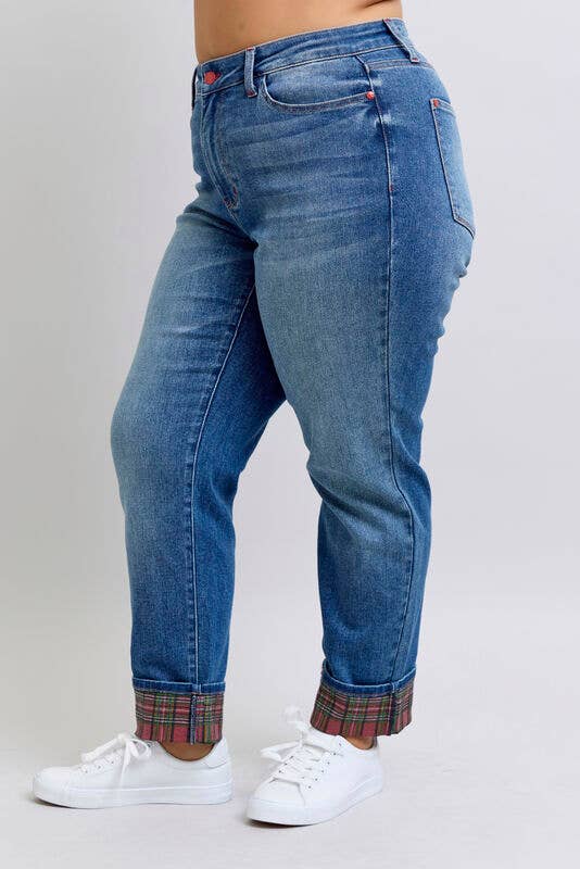 MR Plaid Print Cuff Boyfriend Jeans by Judy Blue – Plus Size