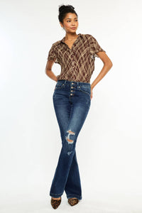MID RISE BUTTON UP DISTRESS FLARE JEANS