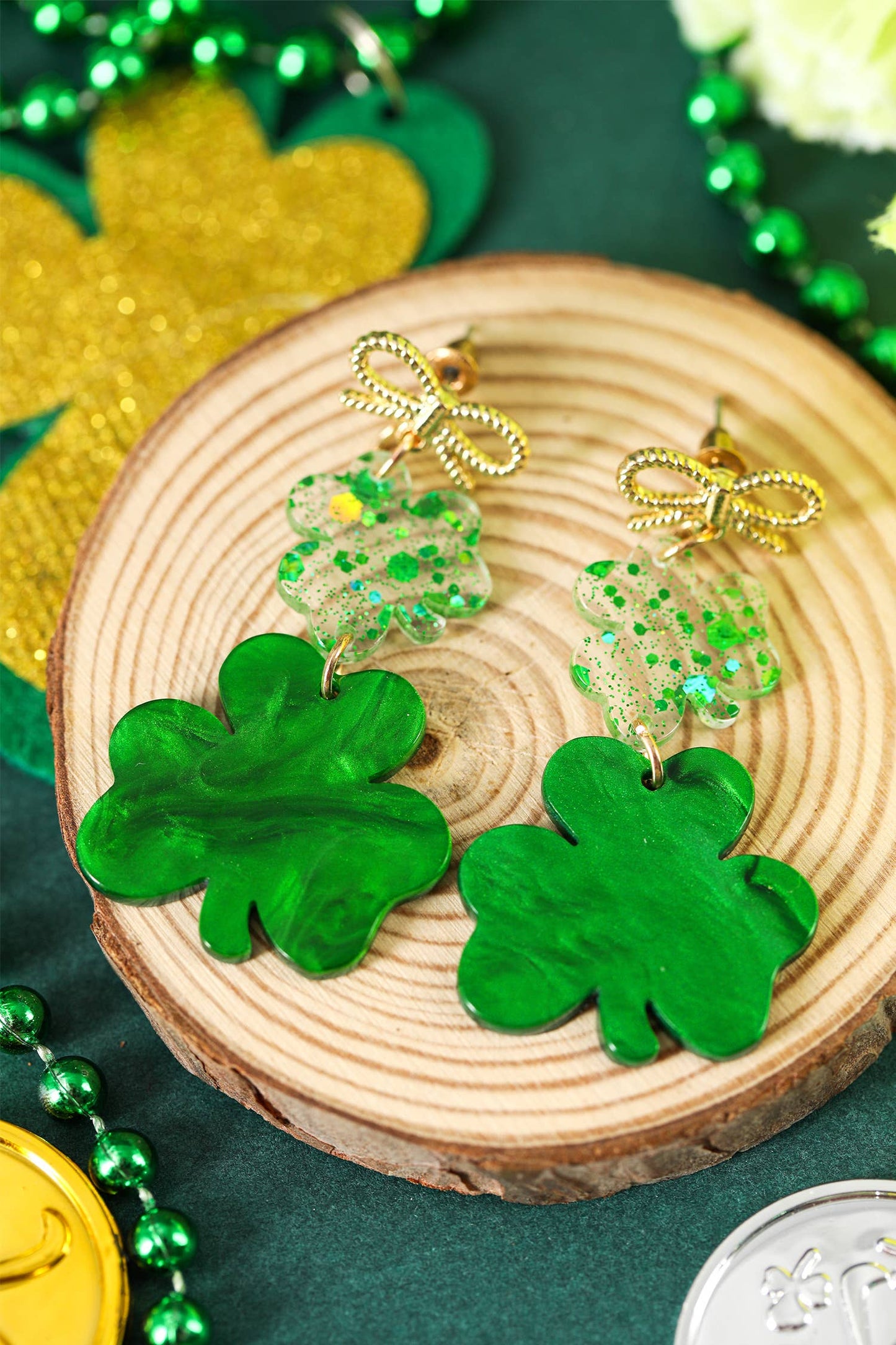 Clover Glitter Bow Drop Earrings Fashion Jewelry