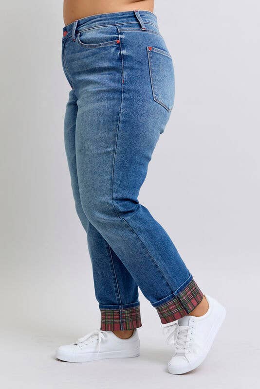 MR Plaid Print Cuff Boyfriend Jeans by Judy Blue – Plus Size