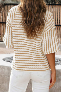 Stripe Textured Knit Split Hem Half Sleeve Loose Top