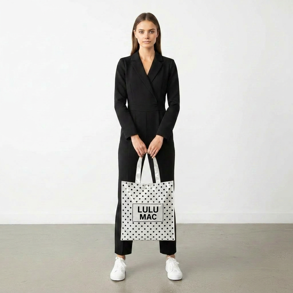 Lulu Mac REUSABLE TOTE-WHITE BLACK DOTS