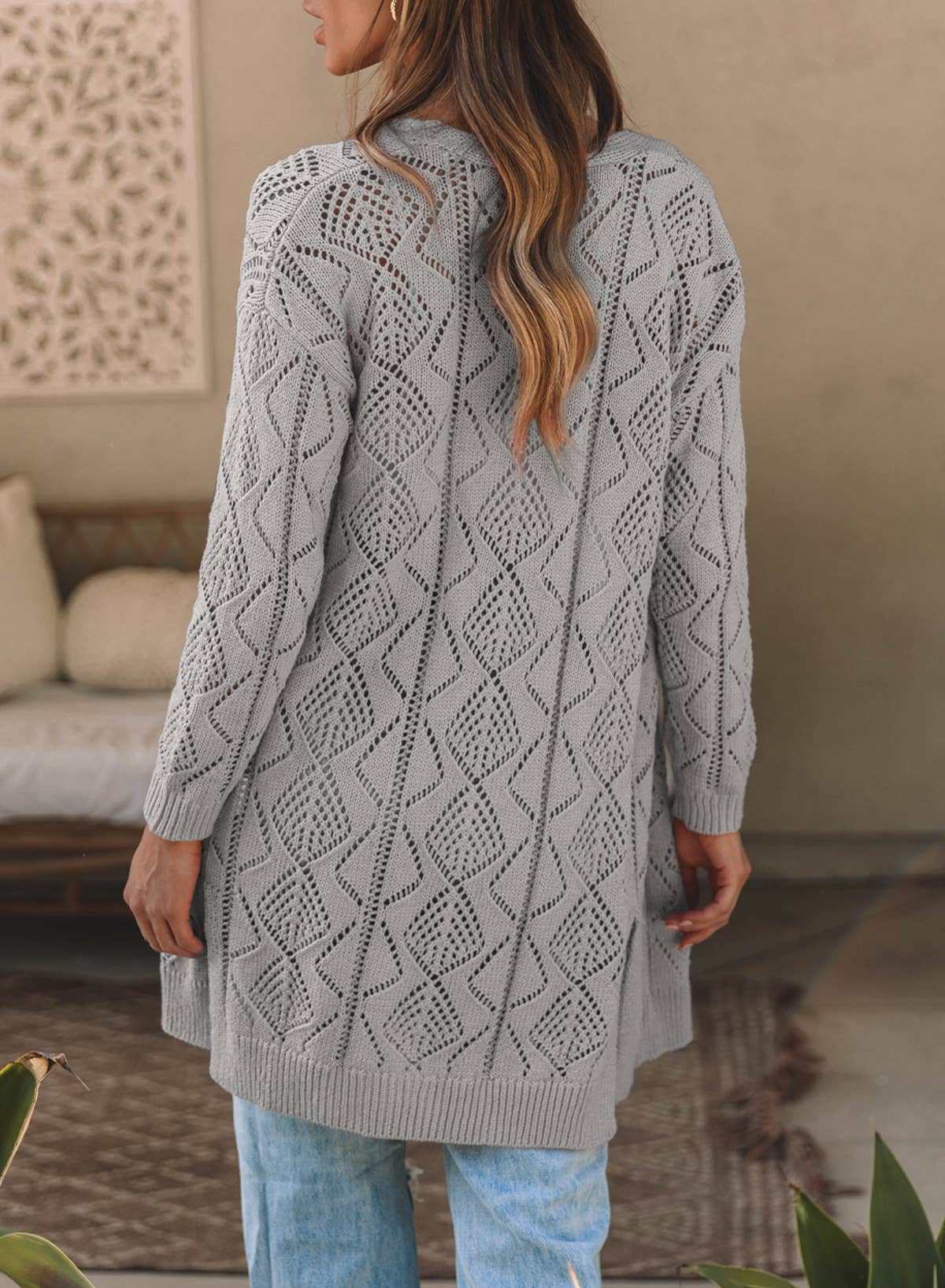 Button-Front Knit Cardigan with Openwork Detail