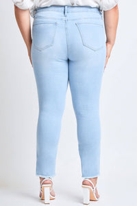 Plus Size Tummy Control Skinny Jeans – Double Slanted Frayed Hem, Distressed, High Rise