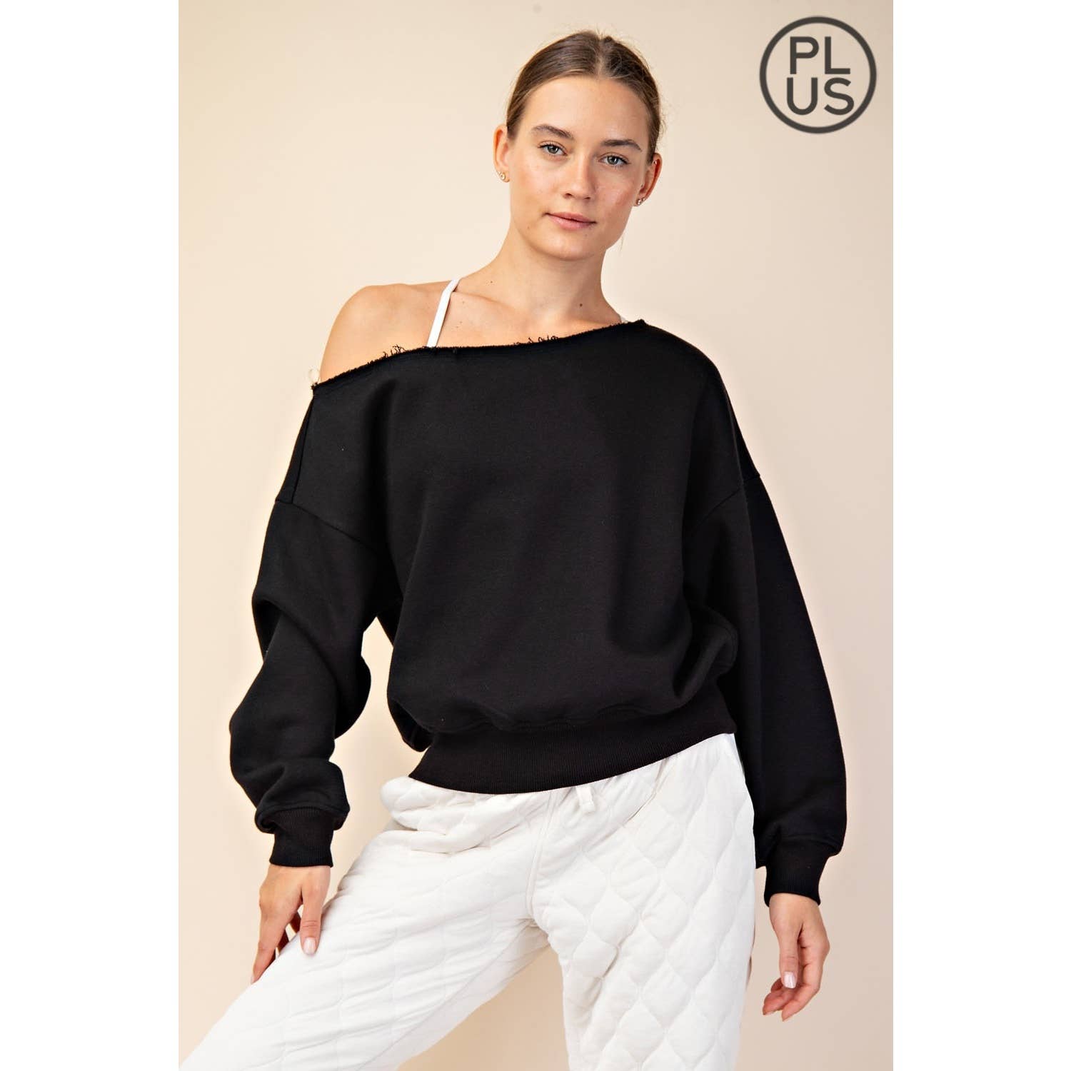 FRENCH TERRY FLEECE OFF SHOULDER TOP - Plus/Curvy