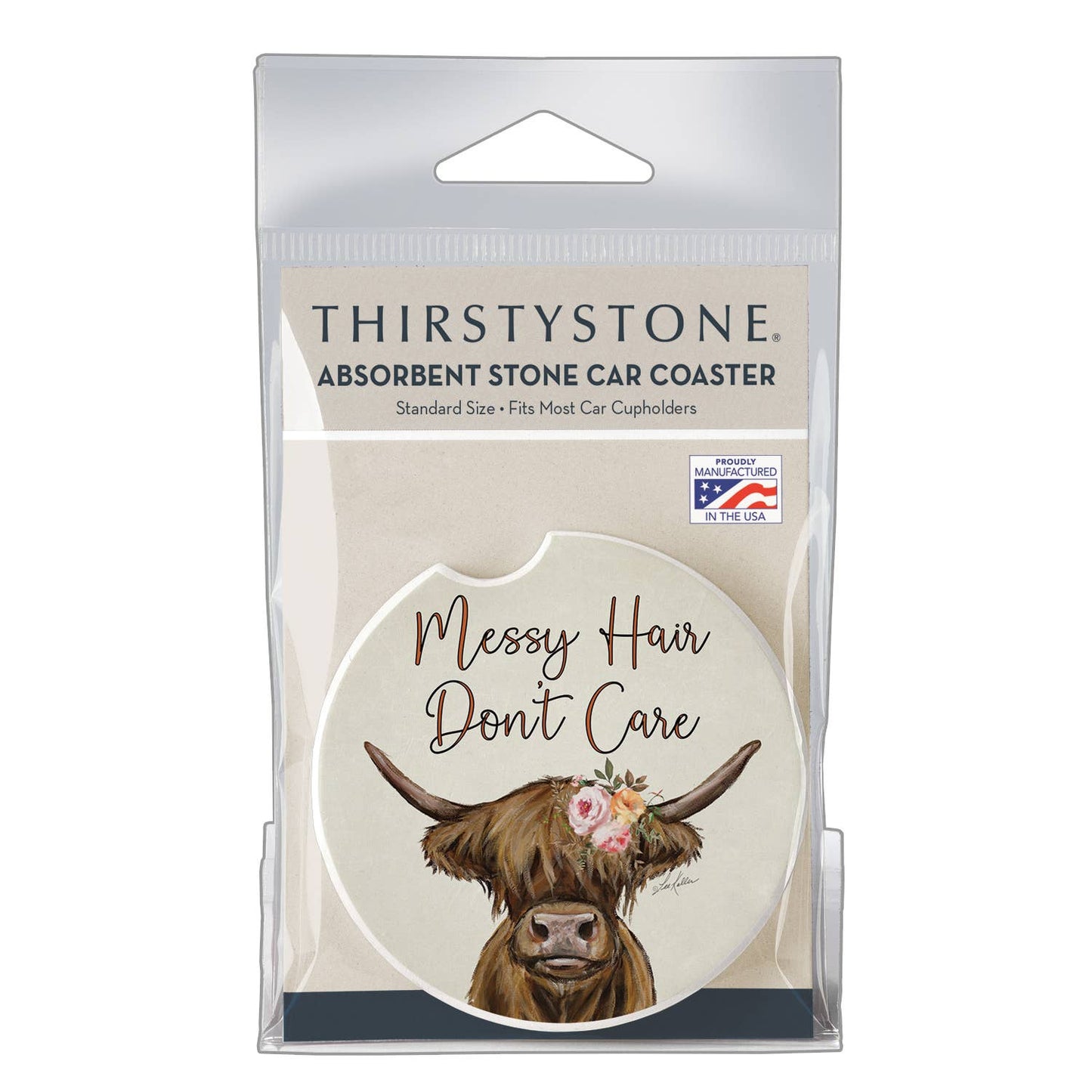 "Messy Hair Cow" Absorbent Stone Car Coaster 1pk