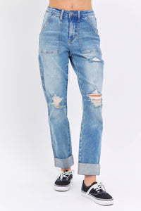 Judy Blue Plus Size High Waisted Distressed Boyfriend Jeans with Patch Pockets