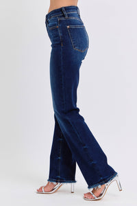 Judy Blue Mid Rise Straight Leg Jeans with Fray Hem