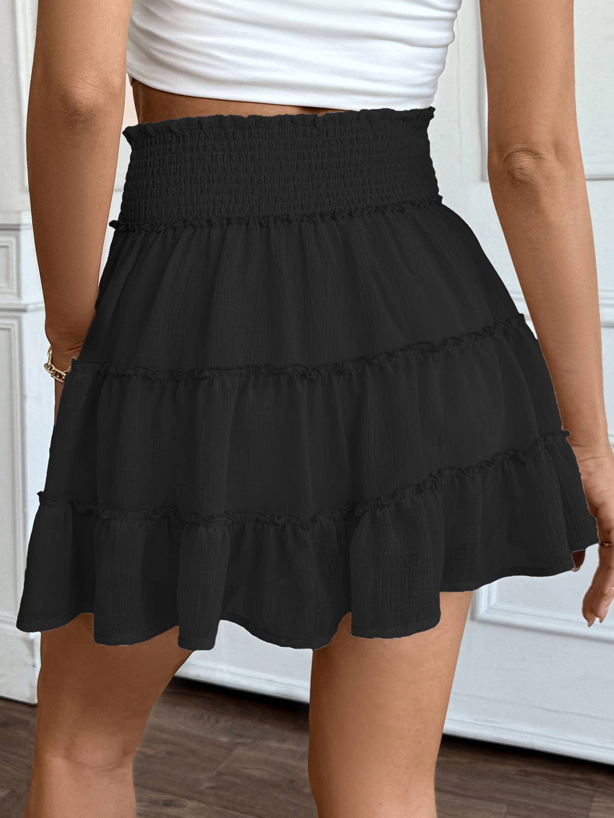 Pleated lotus solid color elastic waist skirt
