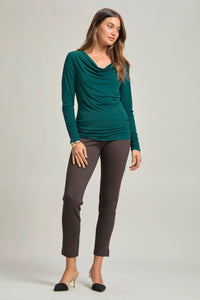 Ruched Long-Sleeve Blouse with Drop Neckline – Wrinkle-Free & Stretchy