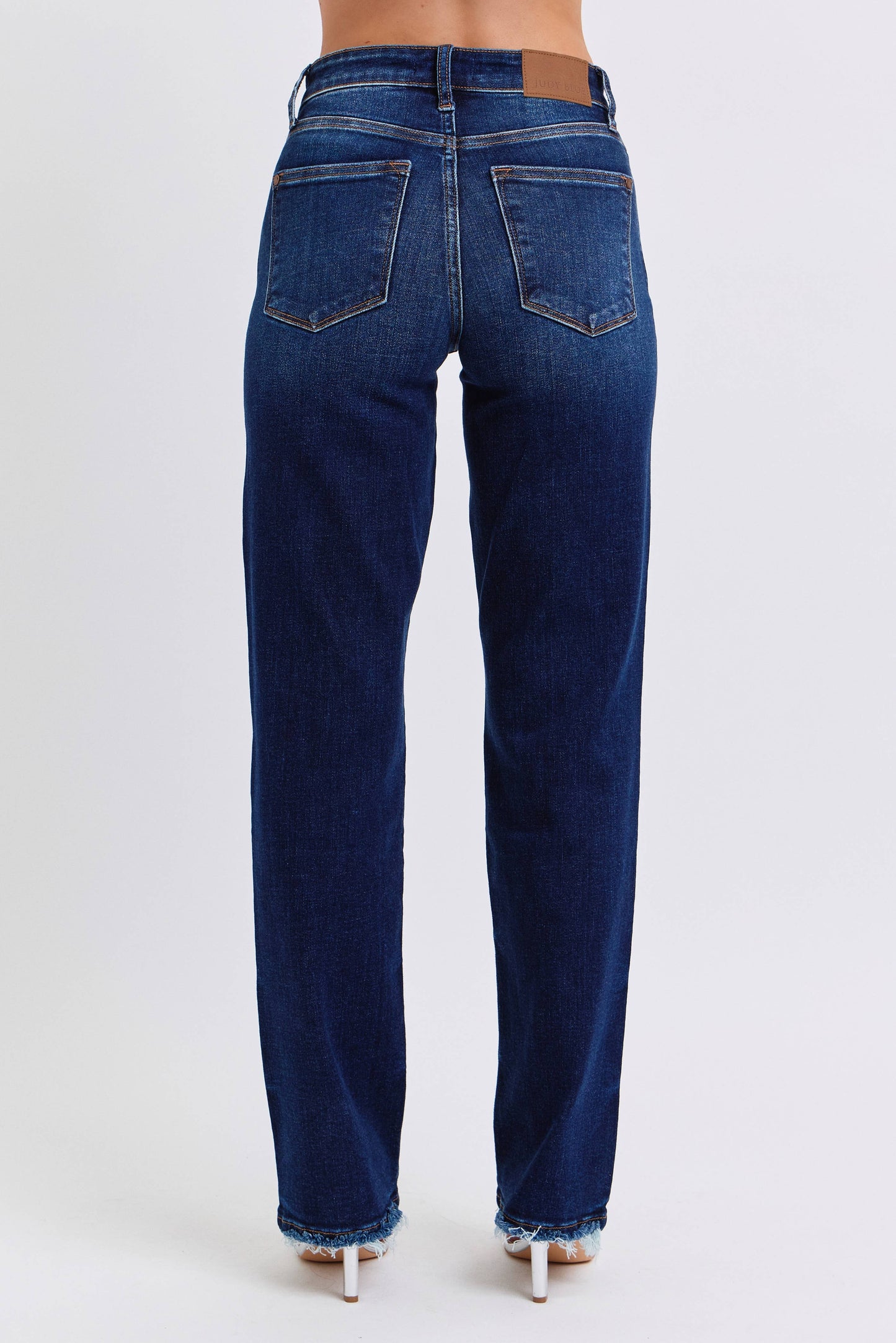 Judy Blue Mid Rise Straight Leg Jeans with Fray Hem