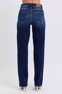 Judy Blue Mid Rise Straight Leg Jeans with Fray Hem