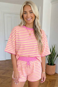 Stripe Print Contrast Trim 2pcs Shorts Set