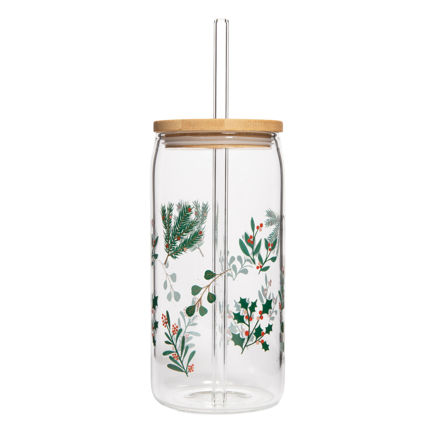 Holiday Greenery Glass Cup – 17oz Christmas Tumbler with Lid & Straw
