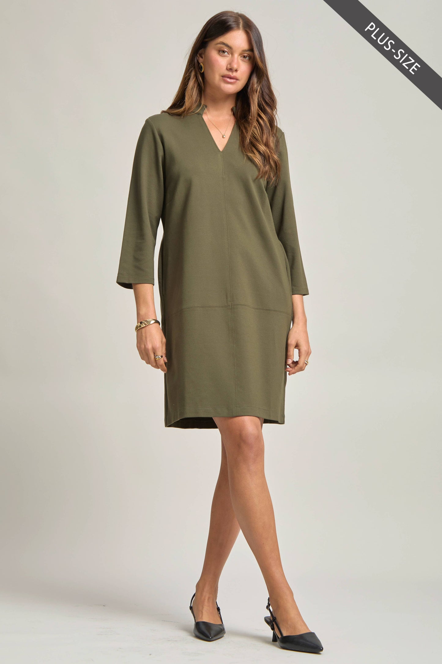 PLUS SIZE Magic Ponte A-Line Dress with Mandarin Collar – Work-Appropriate & Everyday Chic