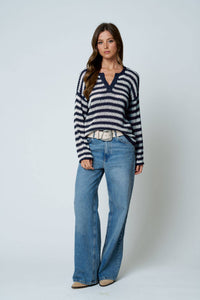Stripe raw edge split neck sweater