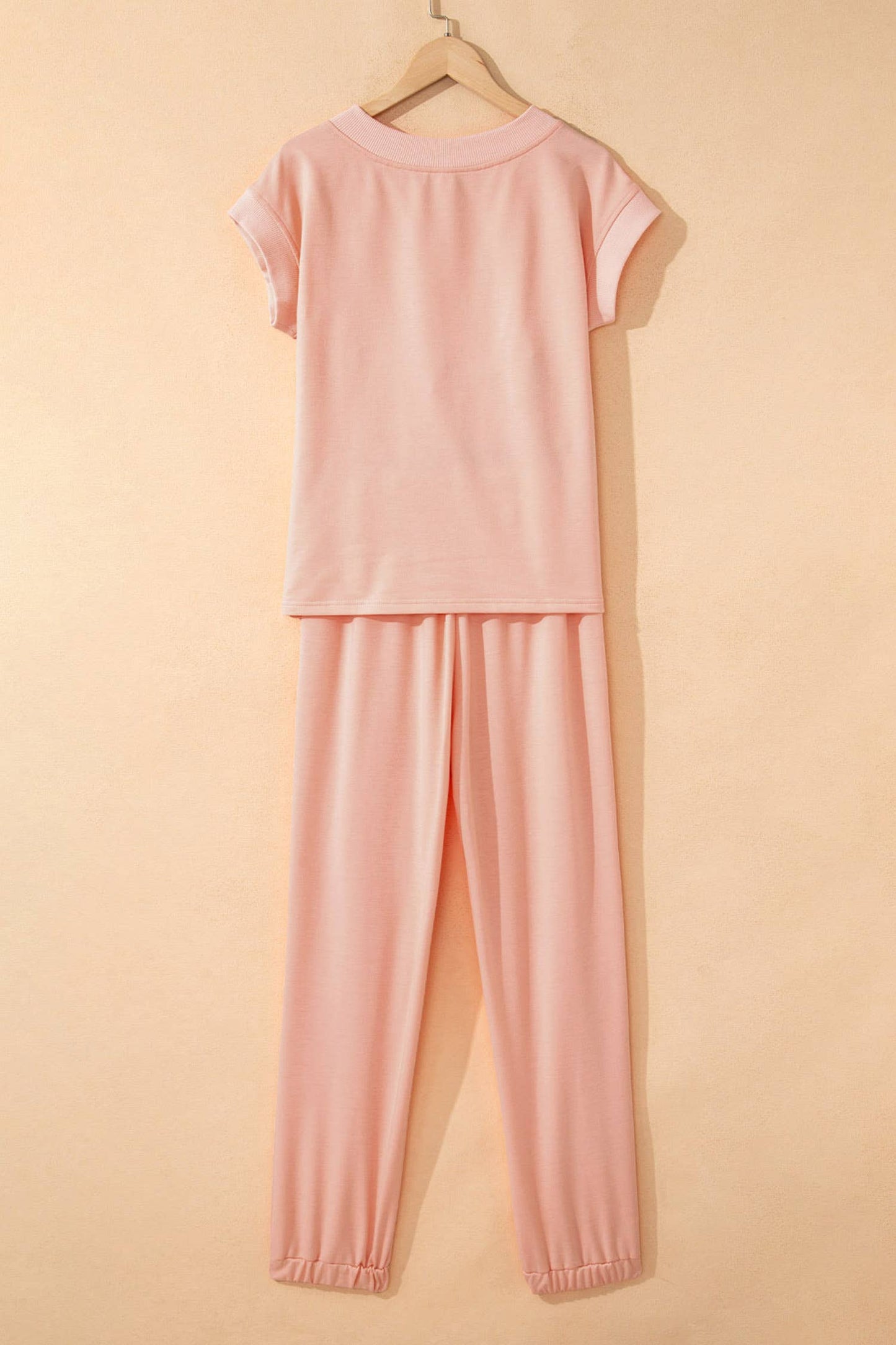 V Neck Tee Texture Patchwork Drawstring Pant Set