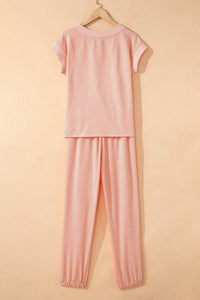V Neck Tee Texture Patchwork Drawstring Pant Set