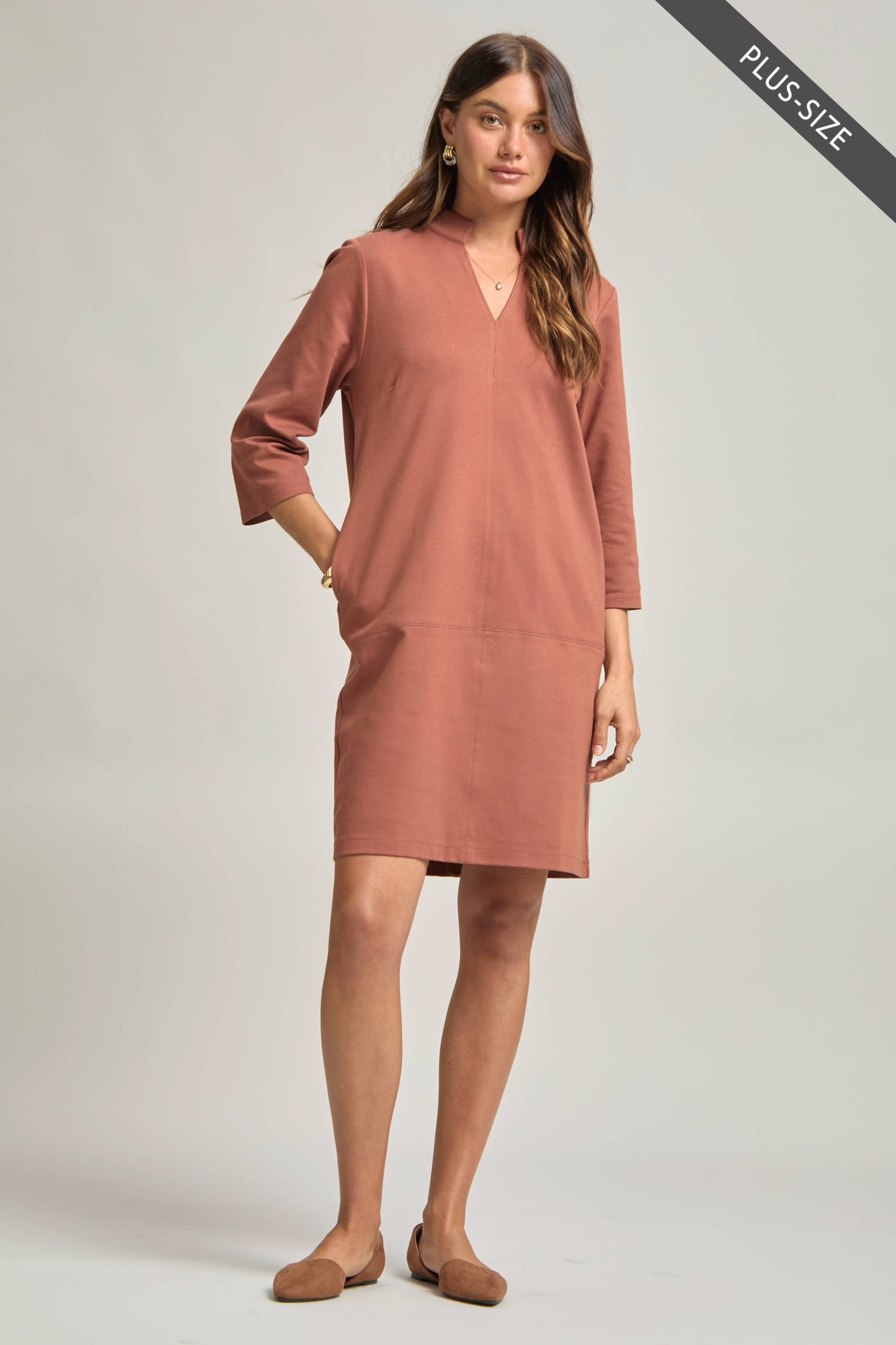 PLUS SIZE Magic Ponte A-Line Dress with Mandarin Collar – Work-Appropriate & Everyday Chic