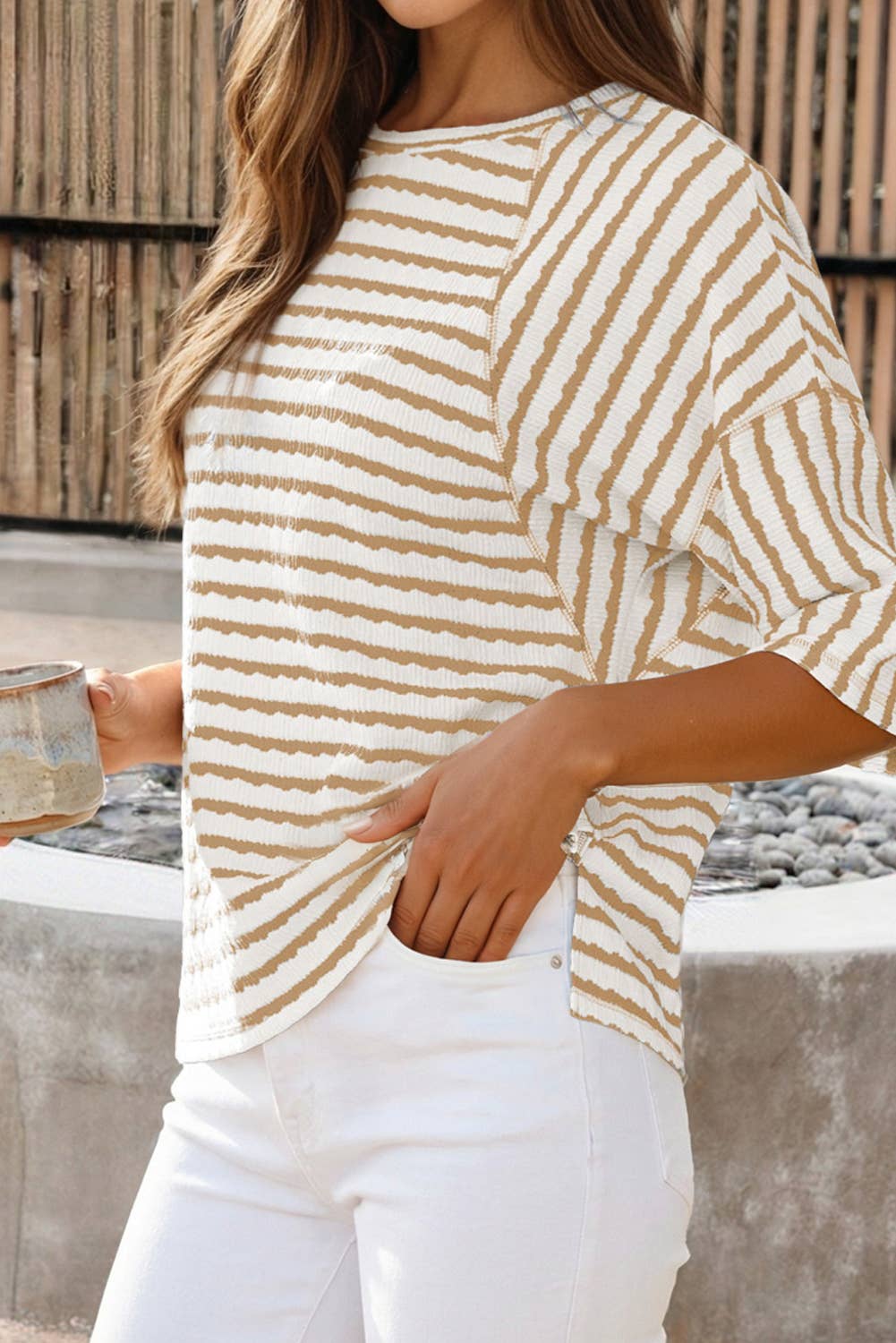 Stripe Textured Knit Split Hem Half Sleeve Loose Top