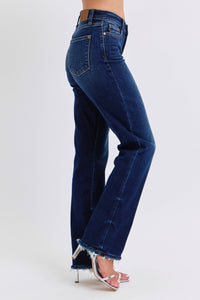 Judy Blue Mid Rise Straight Leg Jeans with Fray Hem