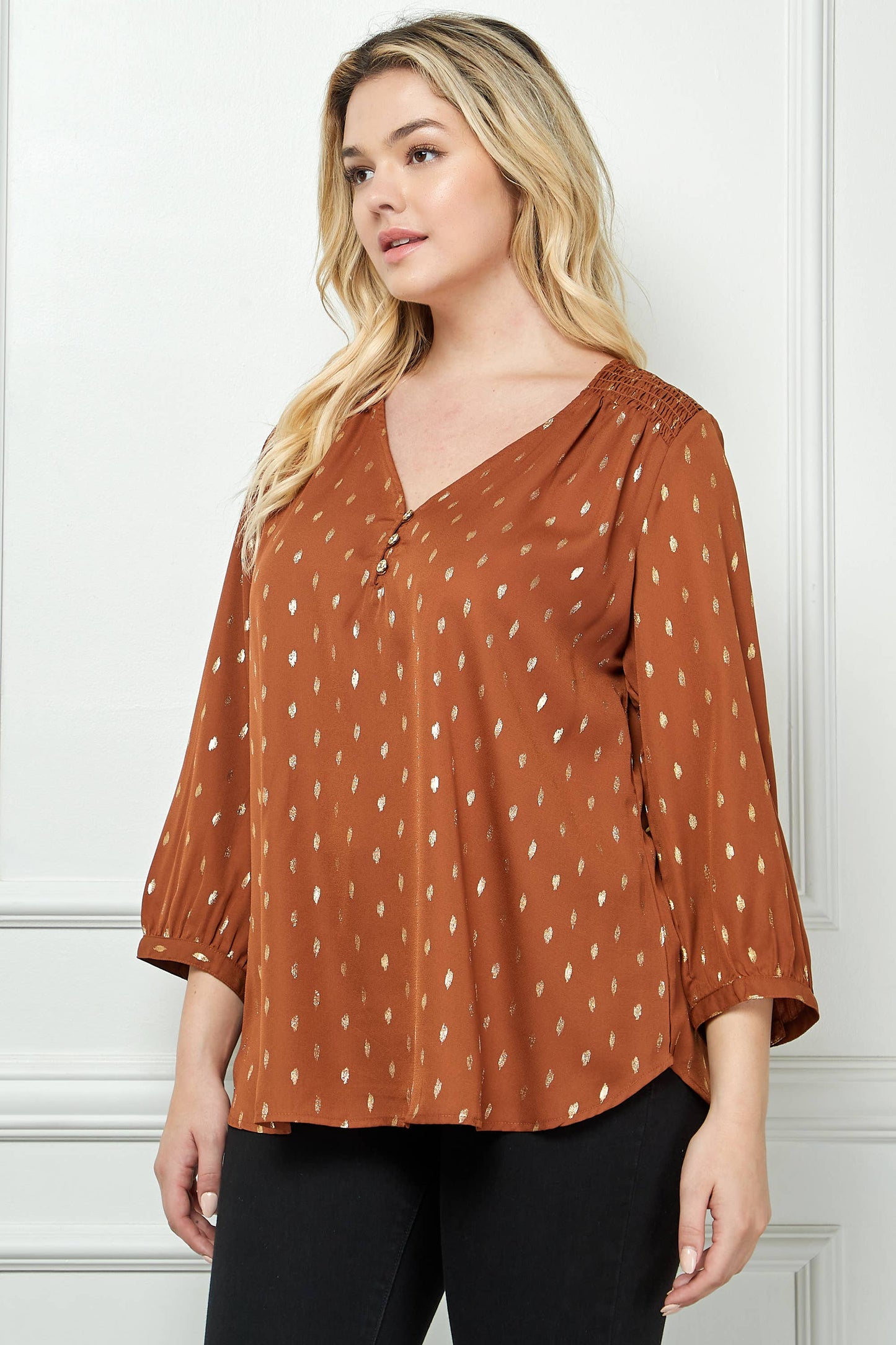 Plus Size Gold Dash Foil Blouse – Cuff Sleeve Smock Shoulder V-Neck