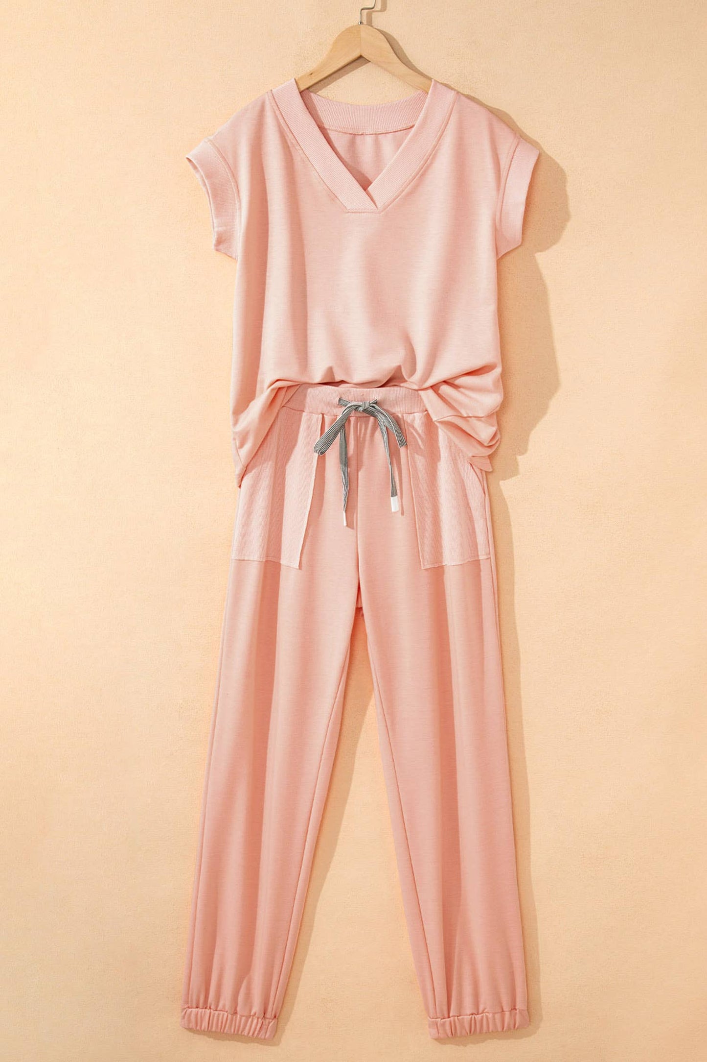 V Neck Tee Texture Patchwork Drawstring Pant Set