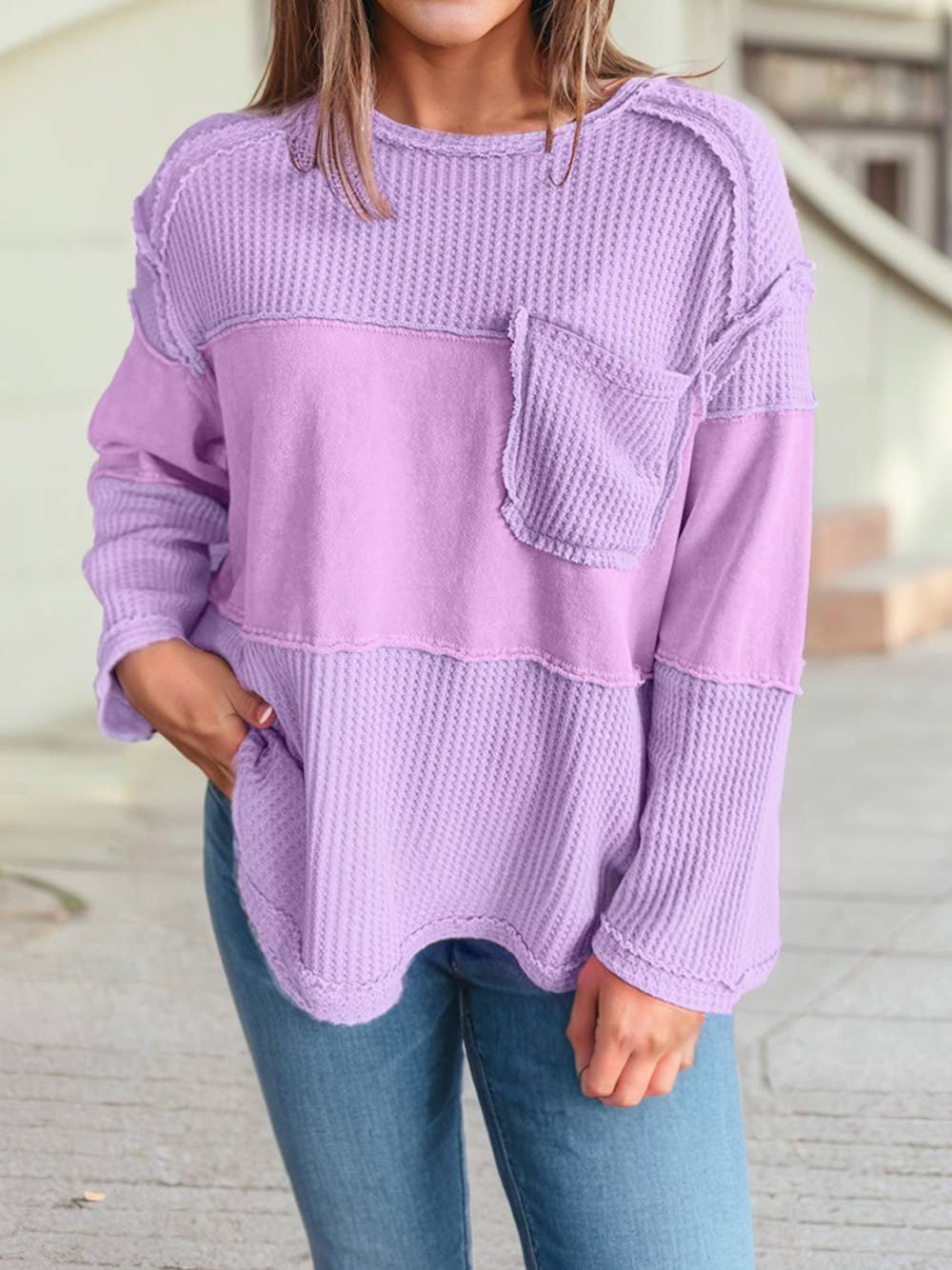 Thermal Knit Contrast Textured Patchwork Long Sleeve Top