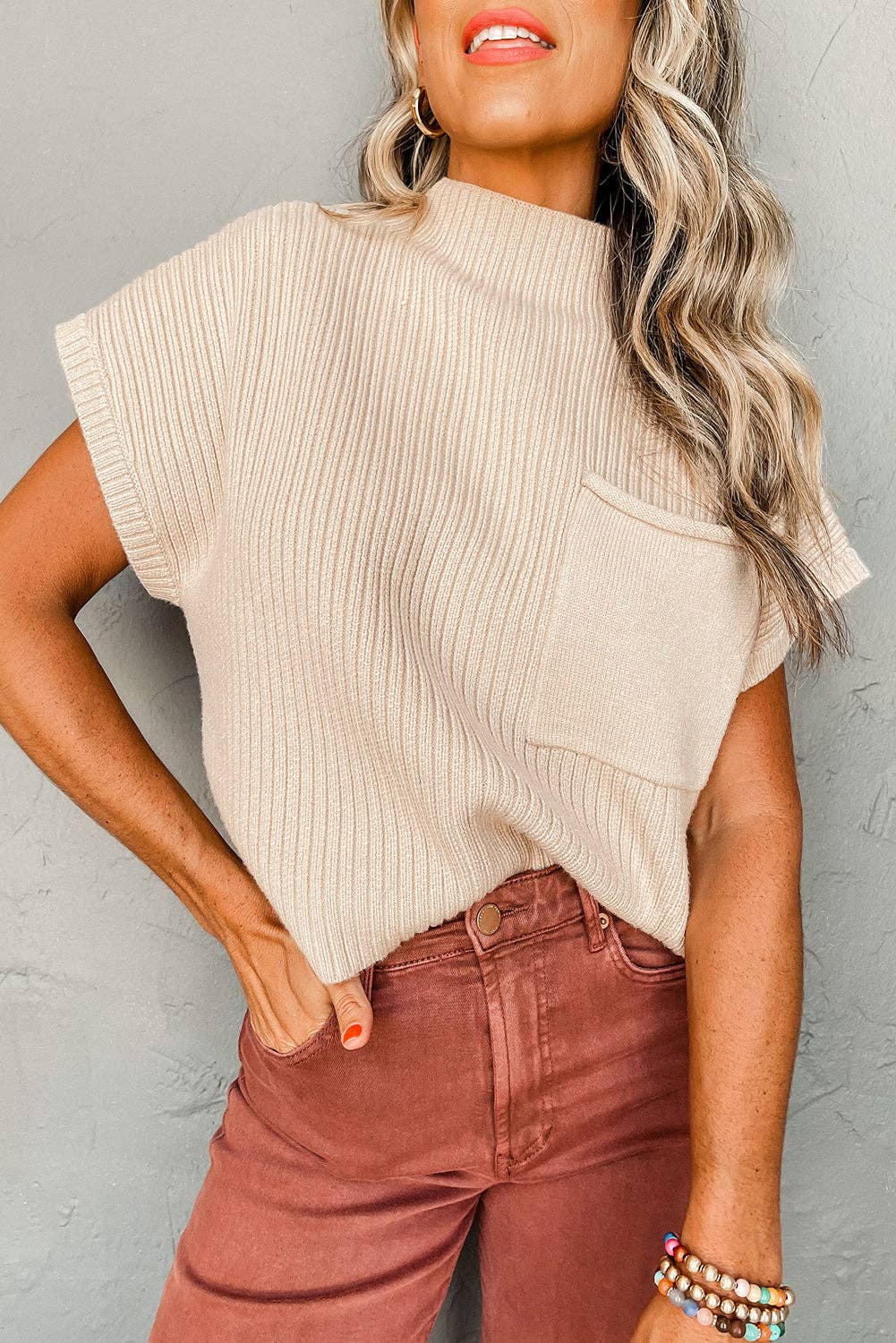 Ribbed Knit Short Sleeve Top with Pocket – Cozy & Stylish Everyday Wear