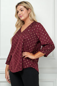 Plus Size Gold Dash Foil Blouse – Cuff Sleeve Smock Shoulder V-Neck
