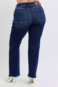 Judy Blue Plus Size Mid Rise Straight Leg Jeans with Fray Hem