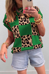 Leopard Checkerboard Short Sleeve Sweater