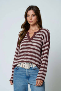Stripe raw edge split neck sweater