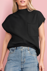 Back to School Patch Pocket Ribbed Knit Short Sleeve Sweater