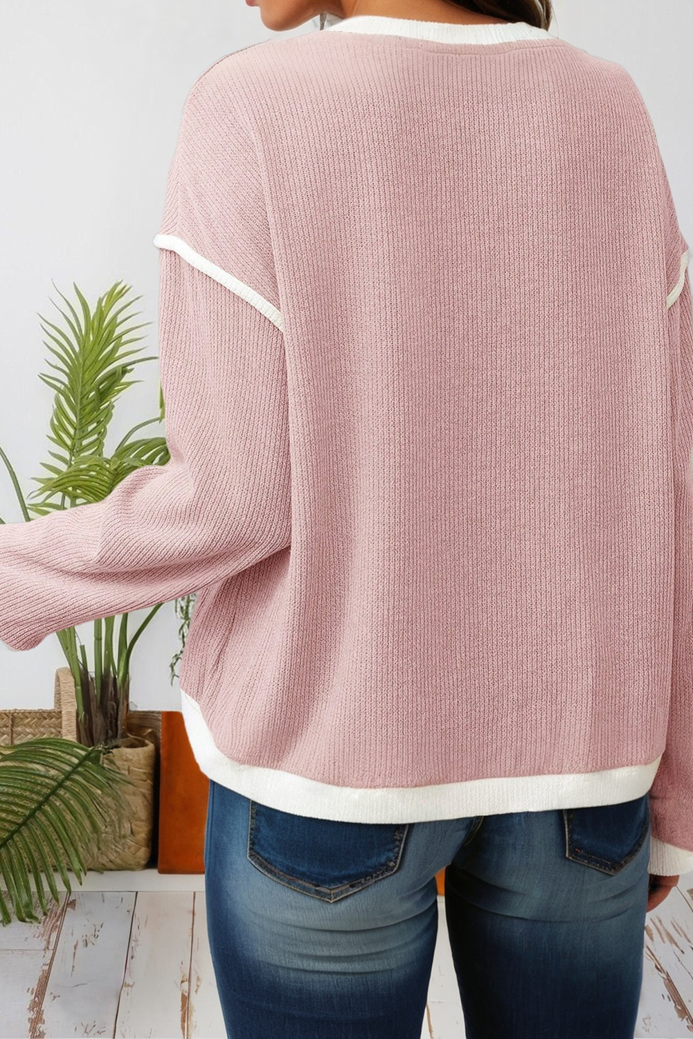 Contrast Trim Knitted Drop Shoulder Top – Soft Lightweight Pullover