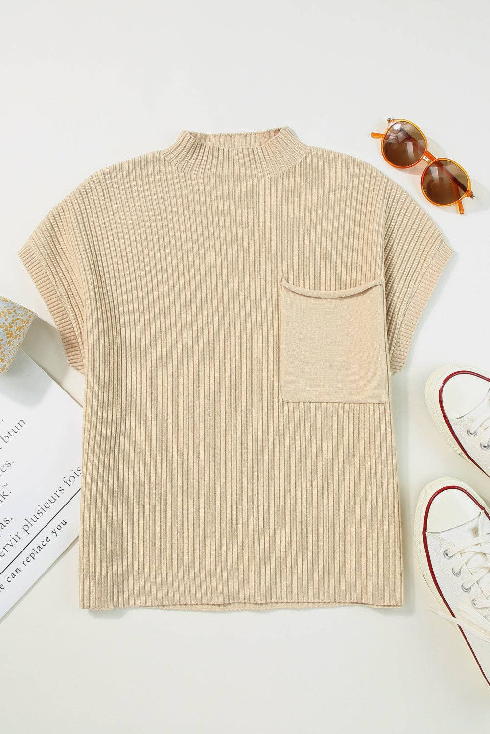 Ribbed Knit Short Sleeve Top with Pocket – Cozy & Stylish Everyday Wear