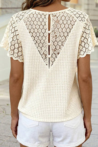 V Neck Textured Knit Floral Lace Short Sleeve Top