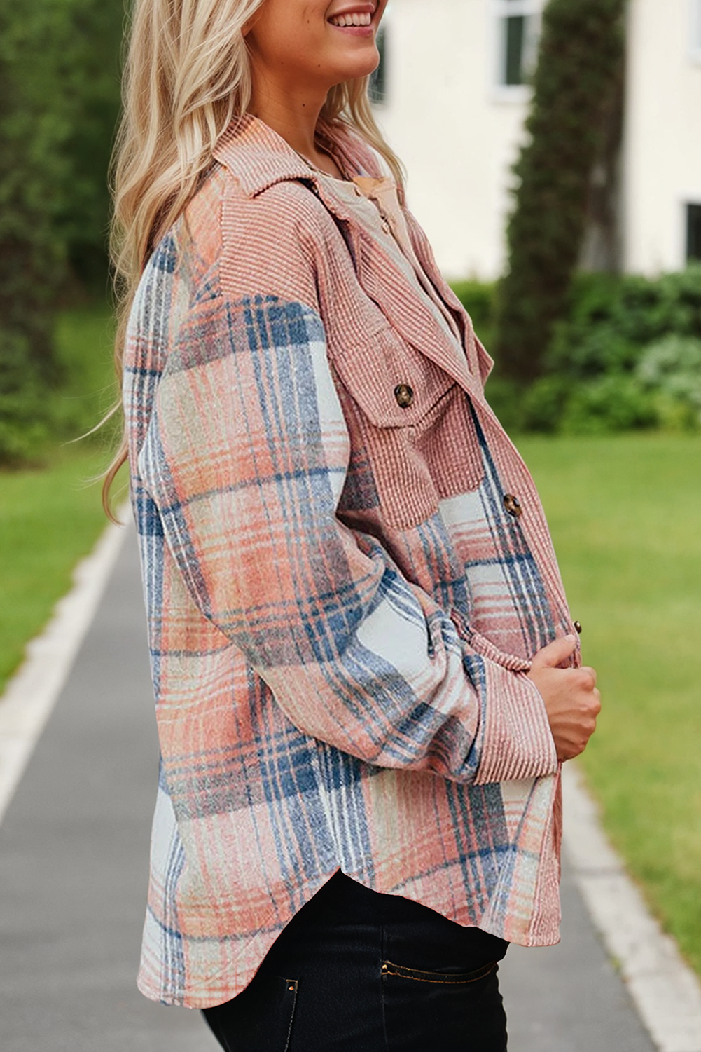 Plaid Corduroy Patchwork Chest Pocket Shacket – Oversized Fall Layer