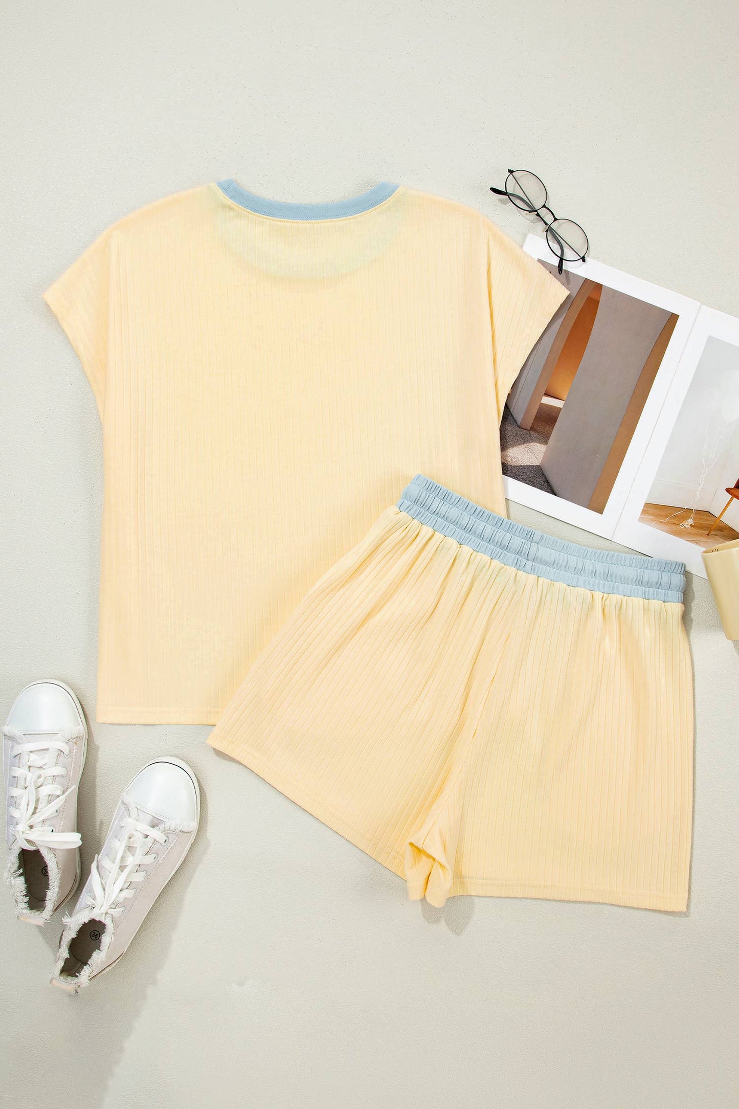 Casual Ribbed Colorblock Trim 2pcs Shorts Set