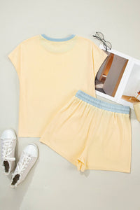 Casual Ribbed Colorblock Trim 2pcs Shorts Set
