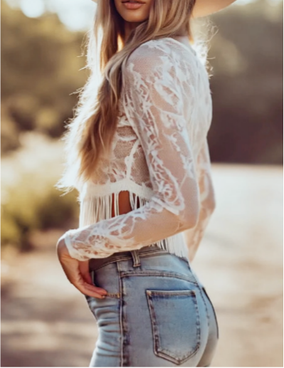Boho Lace Fringe Long Sleeve Top