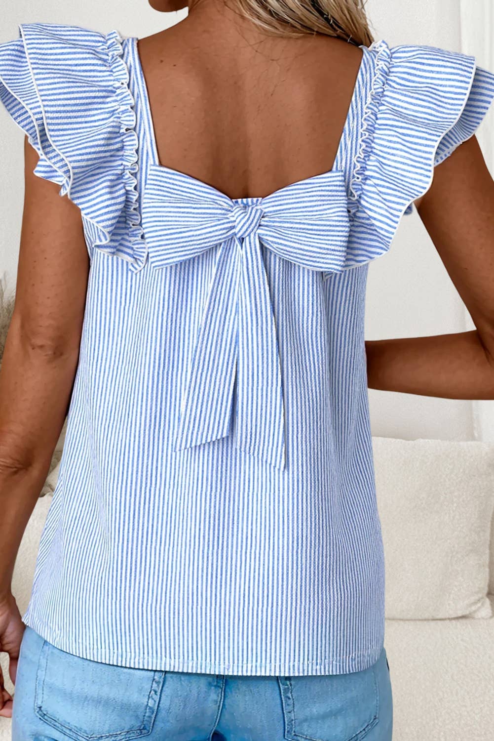 Blue Stripe Ruffle Sleeve Bow Back Top