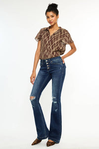 MID RISE BUTTON UP DISTRESS FLARE JEANS